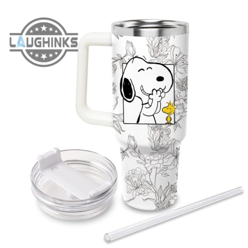 Custom Name Snoopy Sketch Flower Pattern White 40Oz Stainless Steel Tumbler With Handle And Straw Lid Personalized Stanley Tumbler Dupe 40 Oz Stainless Steel Travel Cups