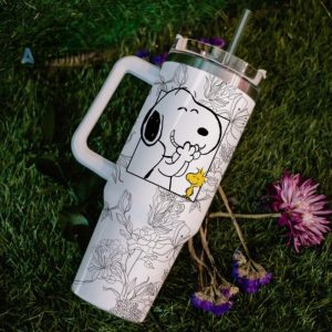 custom name snoopy sketch flower pattern white 40oz stainless steel tumbler with handle and straw lid personalized stanley tumbler dupe 40 oz stainless steel travel cups laughinks 1 5
