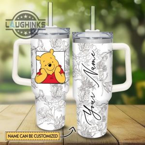 custom name winnie the pooh sketch flower pattern white 40oz stainless steel tumbler with handle and straw lid personalized stanley tumbler dupe 40 oz stainless steel travel cups laughinks 1