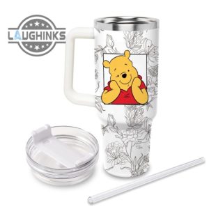 custom name winnie the pooh sketch flower pattern white 40oz stainless steel tumbler with handle and straw lid personalized stanley tumbler dupe 40 oz stainless steel travel cups laughinks 1 1