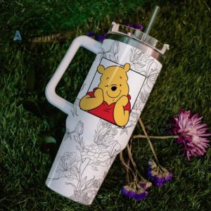 custom name winnie the pooh sketch flower pattern white 40oz stainless steel tumbler with handle and straw lid personalized stanley tumbler dupe 40 oz stainless steel travel cups laughinks 1 5