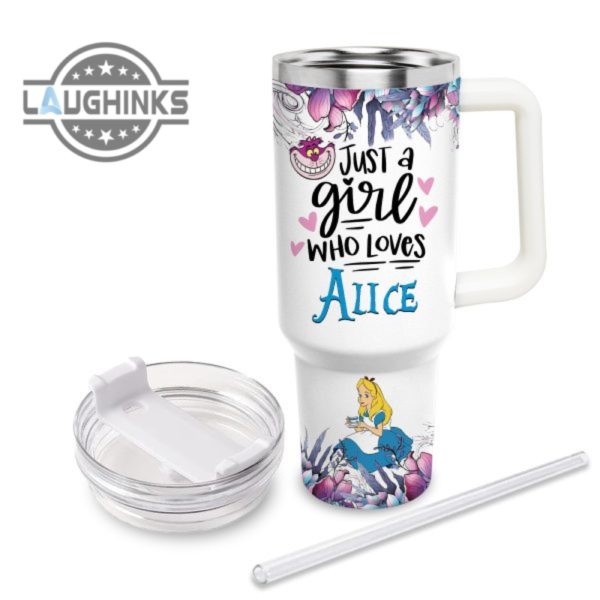 custom name just a girl loves alice in wonderland 40oz stainless steel tumbler with handle and straw lid personalized stanley tumbler dupe 40 oz stainless steel travel cups laughinks 1 2