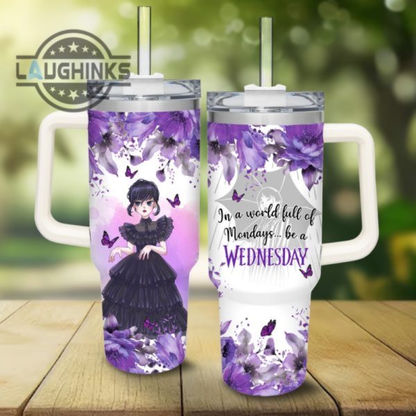 custom name wednesday flower pattern 40oz stainless steel tumbler with handle and straw lid personalized stanley tumbler dupe 40 oz stainless steel travel cups laughinks 1