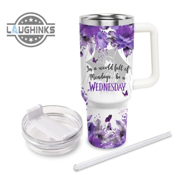 custom name wednesday flower pattern 40oz stainless steel tumbler with handle and straw lid personalized stanley tumbler dupe 40 oz stainless steel travel cups laughinks 1 2
