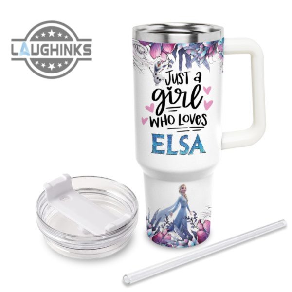custom name just a girl loves elsa princess flower pattern 40oz tumbler with handle and straw lid personalized stanley tumbler dupe 40 oz stainless steel travel cups laughinks 1 2