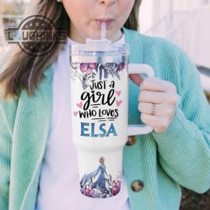 custom name just a girl loves elsa princess flower pattern 40oz tumbler with handle and straw lid personalized stanley tumbler dupe 40 oz stainless steel travel cups laughinks 1 4