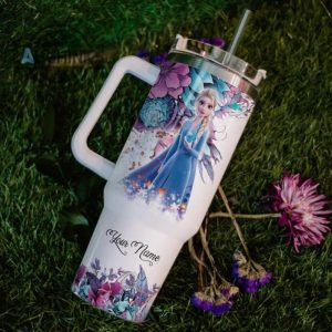 custom name just a girl loves elsa princess flower pattern 40oz tumbler with handle and straw lid personalized stanley tumbler dupe 40 oz stainless steel travel cups laughinks 1 5