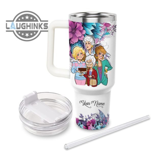 custom name just a girl loves the golden girls flower pattern 40oz tumbler with handle and straw lid personalized stanley tumbler dupe 40 oz stainless steel travel cups laughinks 1 1