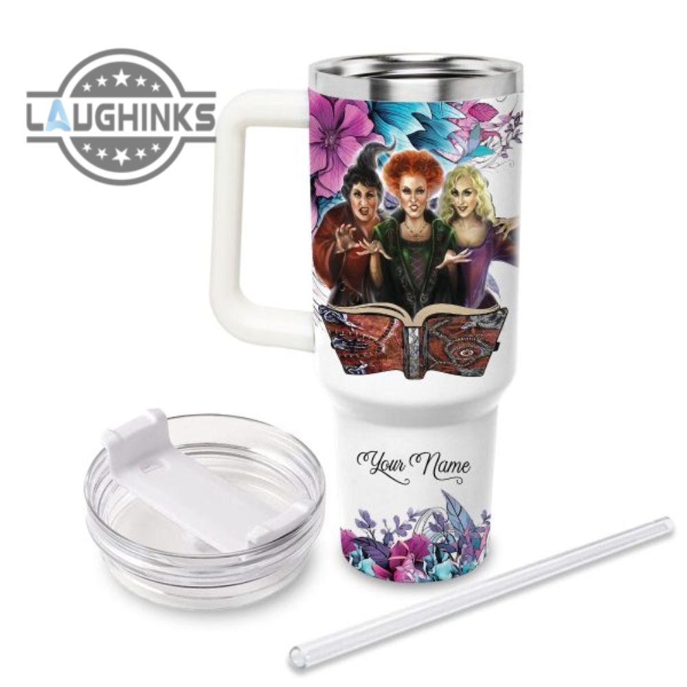 Custom Name Just A Girl Loves Hocus Pocus Flower Pattern 40Oz Tumbler With Handle And Straw Lid Personalized Stanley Tumbler Dupe 40 Oz Stainless Steel Travel Cups