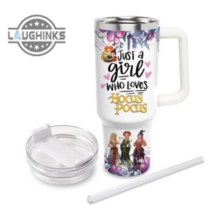 custom name just a girl loves hocus pocus flower pattern 40oz tumbler with handle and straw lid personalized stanley tumbler dupe 40 oz stainless steel travel cups laughinks 1 2