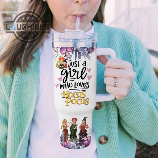 custom name just a girl loves hocus pocus flower pattern 40oz tumbler with handle and straw lid personalized stanley tumbler dupe 40 oz stainless steel travel cups laughinks 1 4