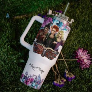 custom name just a girl loves hocus pocus flower pattern 40oz tumbler with handle and straw lid personalized stanley tumbler dupe 40 oz stainless steel travel cups laughinks 1 5