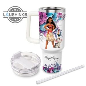 custom name just a girl loves moana flower pattern 40oz tumbler with handle and straw lid personalized stanley tumbler dupe 40 oz stainless steel travel cups laughinks 1 1