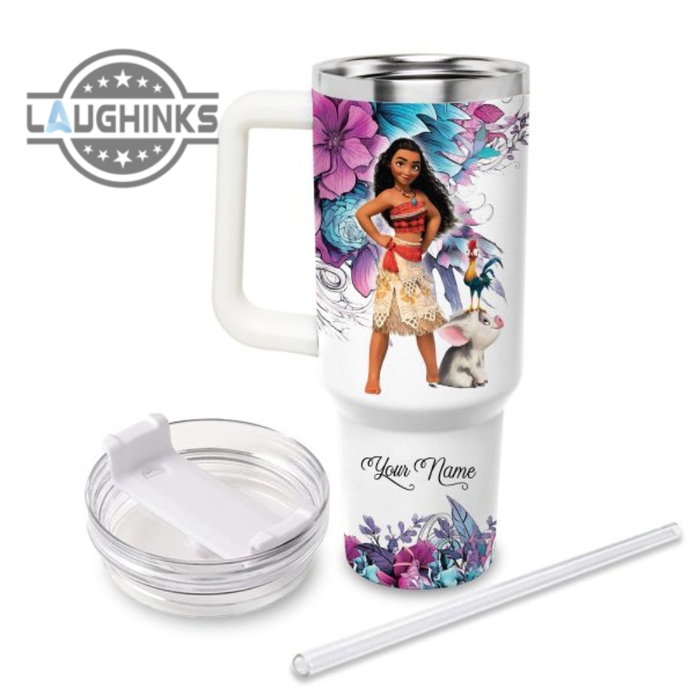 Custom Name Just A Girl Loves Moana Flower Pattern 40Oz Tumbler With Handle And Straw Lid Personalized Stanley Tumbler Dupe 40 Oz Stainless Steel Travel Cups