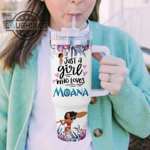custom name just a girl loves moana flower pattern 40oz tumbler with handle and straw lid personalized stanley tumbler dupe 40 oz stainless steel travel cups laughinks 1 4