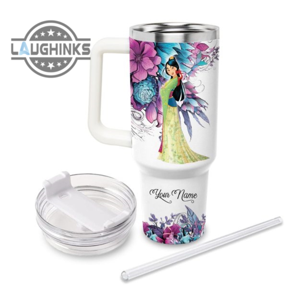 Custom Name Just A Girl Loves Mulan Flower Pattern 40Oz Tumbler With Handle And Straw Lid Personalized Stanley Tumbler Dupe 40 Oz Stainless Steel Travel Cups