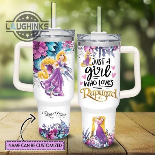 custom name just a girl loves rapunzel flower pattern 40oz tumbler with handle and straw lid personalized stanley tumbler dupe 40 oz stainless steel travel cups laughinks 1