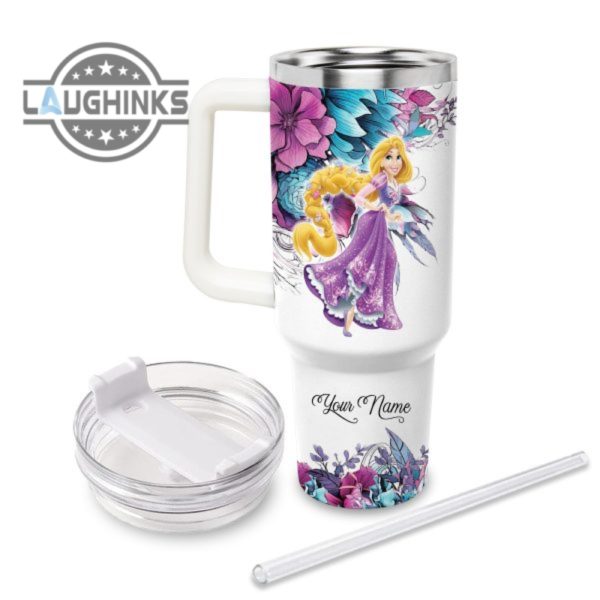custom name just a girl loves rapunzel flower pattern 40oz tumbler with handle and straw lid personalized stanley tumbler dupe 40 oz stainless steel travel cups laughinks 1 1