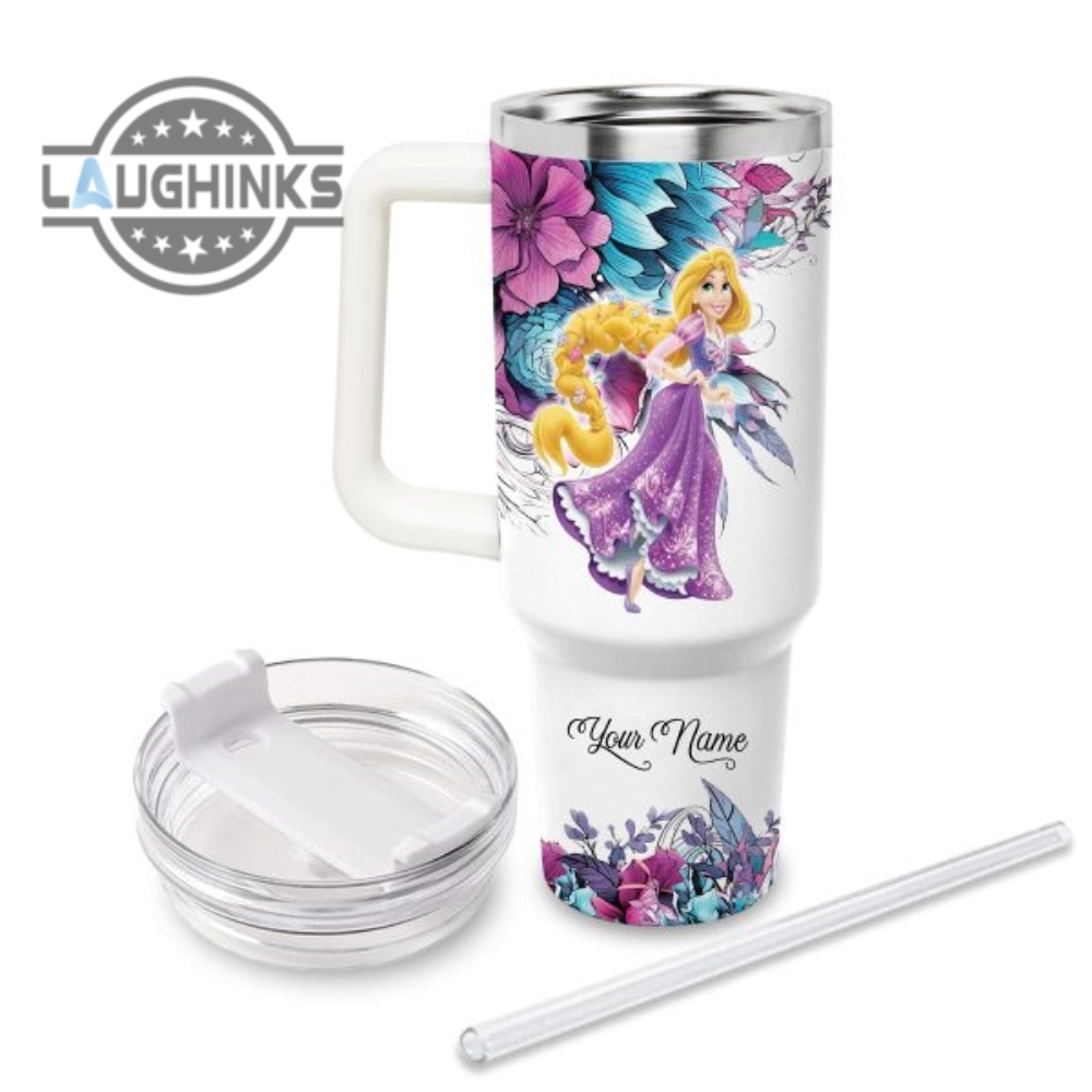 Custom Name Just A Girl Loves Rapunzel Flower Pattern 40Oz Tumbler With Handle And Straw Lid Personalized Stanley Tumbler Dupe 40 Oz Stainless Steel Travel Cups
