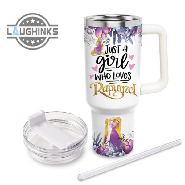 custom name just a girl loves rapunzel flower pattern 40oz tumbler with handle and straw lid personalized stanley tumbler dupe 40 oz stainless steel travel cups laughinks 1 2