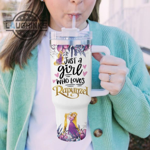 custom name just a girl loves rapunzel flower pattern 40oz tumbler with handle and straw lid personalized stanley tumbler dupe 40 oz stainless steel travel cups laughinks 1 4