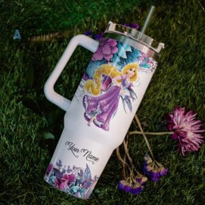 custom name just a girl loves rapunzel flower pattern 40oz tumbler with handle and straw lid personalized stanley tumbler dupe 40 oz stainless steel travel cups laughinks 1 5