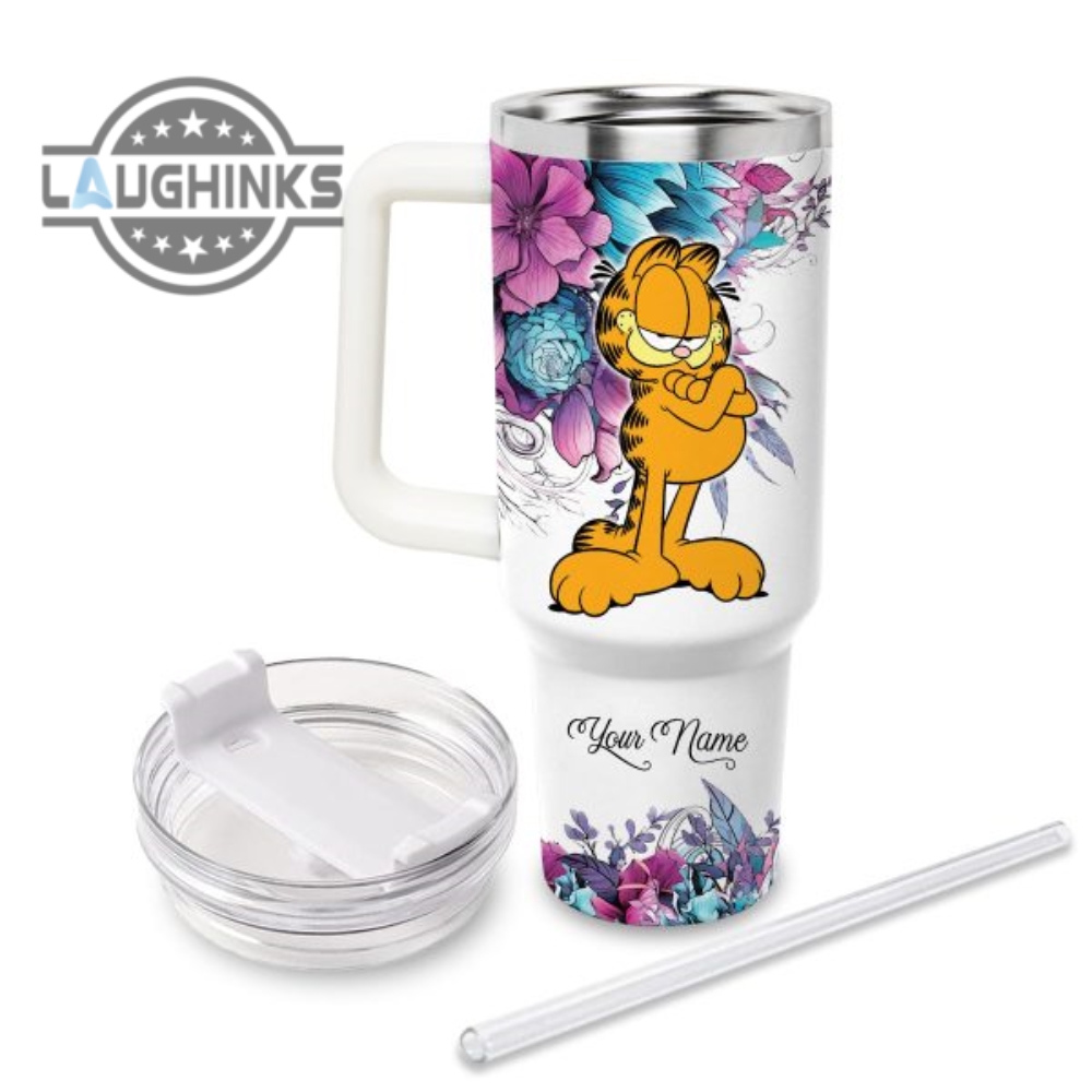 Custom Name Just A Girl Loves Garfield Flower Pattern 40Oz Tumbler With Handle And Straw Lid Personalized Stanley Tumbler Dupe 40 Oz Stainless Steel Travel Cups