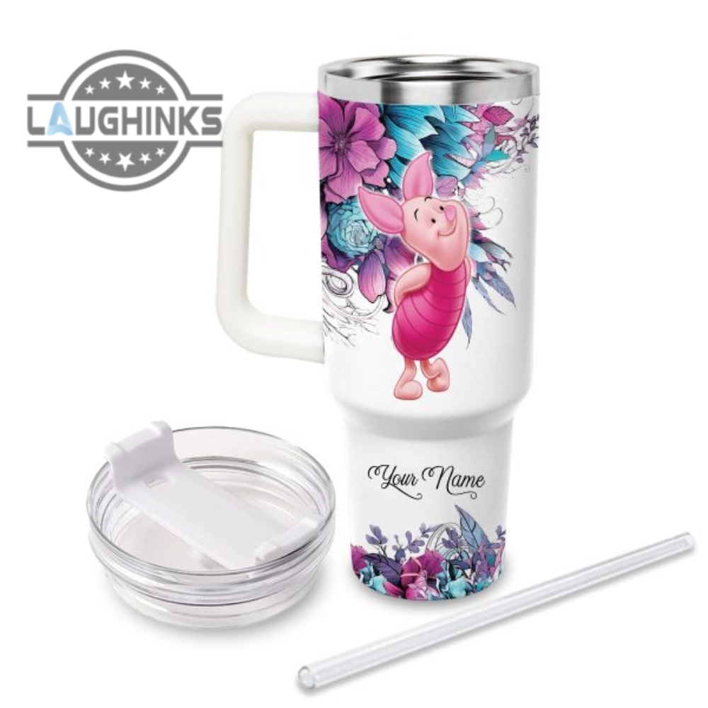 Custom Name Just A Girl Loves Piglet Flower Pattern 40Oz Tumbler With Handle And Straw Lid Personalized Stanley Tumbler Dupe 40 Oz Stainless Steel Travel Cups
