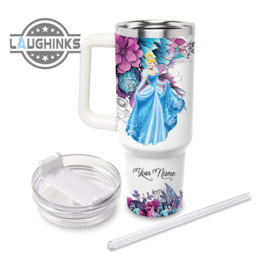 Custom Name Just A Girl Loves Cinderella Princess Flower Pattern 40Oz Tumbler With Handle And Straw Lid Personalized Stanley Tumbler Dupe 40 Oz Stainless Steel Travel Cups