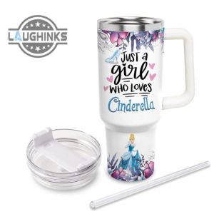 custom name just a girl loves cinderella princess flower pattern 40oz tumbler with handle and straw lid personalized stanley tumbler dupe 40 oz stainless steel travel cups laughinks 1 2