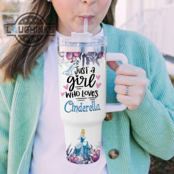 custom name just a girl loves cinderella princess flower pattern 40oz tumbler with handle and straw lid personalized stanley tumbler dupe 40 oz stainless steel travel cups laughinks 1 4