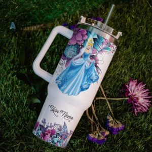 custom name just a girl loves cinderella princess flower pattern 40oz tumbler with handle and straw lid personalized stanley tumbler dupe 40 oz stainless steel travel cups laughinks 1 5