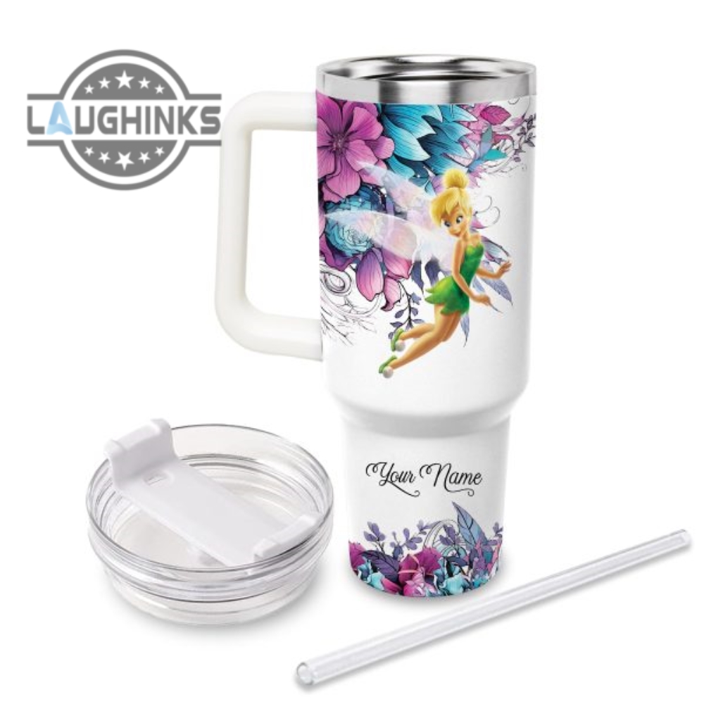 Custom Name Just A Girl Loves Tinker Bell Flower Pattern 40Oz Tumbler With Handle And Straw Lid Personalized Stanley Tumbler Dupe 40 Oz Stainless Steel Travel Cups