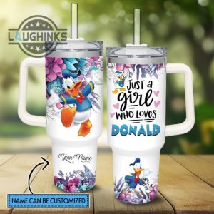custom name just a girl loves donald duck flower pattern 40oz tumbler with handle and straw lid personalized stanley tumbler dupe 40 oz stainless steel travel cups laughinks 1