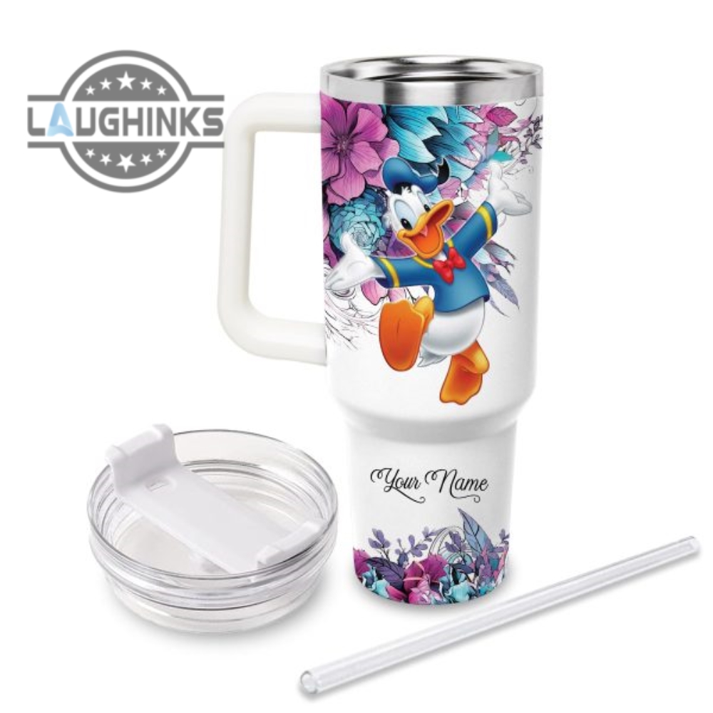 Custom Name Just A Girl Loves Donald Duck Flower Pattern 40Oz Tumbler With Handle And Straw Lid Personalized Stanley Tumbler Dupe 40 Oz Stainless Steel Travel Cups