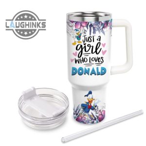 custom name just a girl loves donald duck flower pattern 40oz tumbler with handle and straw lid personalized stanley tumbler dupe 40 oz stainless steel travel cups laughinks 1 2