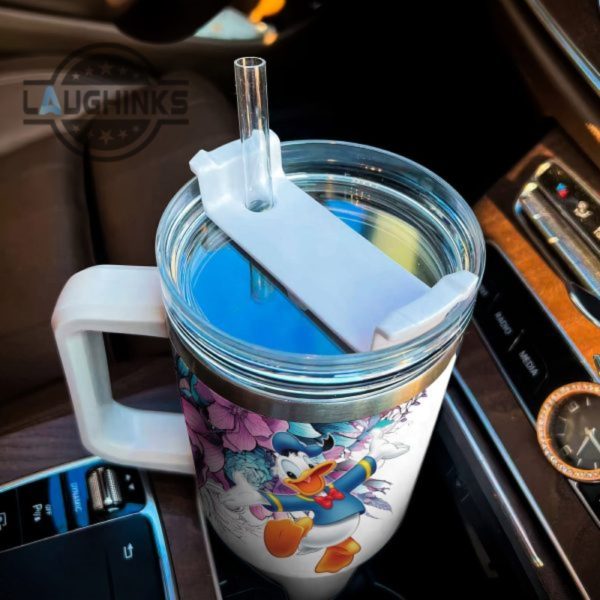 custom name just a girl loves donald duck flower pattern 40oz tumbler with handle and straw lid personalized stanley tumbler dupe 40 oz stainless steel travel cups laughinks 1 3