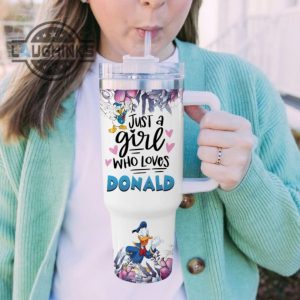 custom name just a girl loves donald duck flower pattern 40oz tumbler with handle and straw lid personalized stanley tumbler dupe 40 oz stainless steel travel cups laughinks 1 4