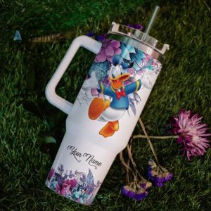 custom name just a girl loves donald duck flower pattern 40oz tumbler with handle and straw lid personalized stanley tumbler dupe 40 oz stainless steel travel cups laughinks 1 5