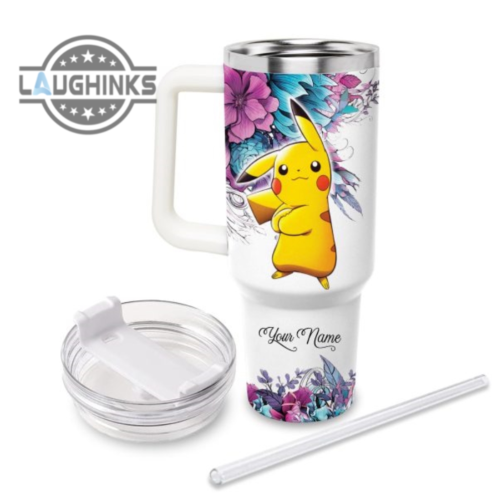Custom Name Just A Girl Loves Pikachu Flower Pattern 40Oz Tumbler With Handle And Straw Lid Personalized Stanley Tumbler Dupe 40 Oz Stainless Steel Travel Cups