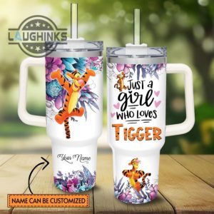 custom name just a girl loves tigger flower pattern 40oz tumbler with handle and straw lid personalized stanley tumbler dupe 40 oz stainless steel travel cups laughinks 1