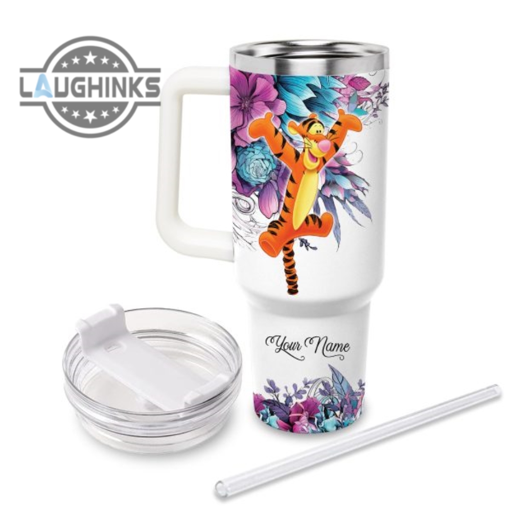 Custom Name Just A Girl Loves Tigger Flower Pattern 40Oz Tumbler With Handle And Straw Lid Personalized Stanley Tumbler Dupe 40 Oz Stainless Steel Travel Cups