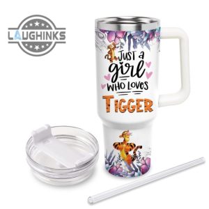 custom name just a girl loves tigger flower pattern 40oz tumbler with handle and straw lid personalized stanley tumbler dupe 40 oz stainless steel travel cups laughinks 1 2