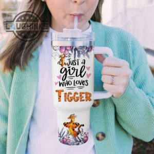 custom name just a girl loves tigger flower pattern 40oz tumbler with handle and straw lid personalized stanley tumbler dupe 40 oz stainless steel travel cups laughinks 1 4