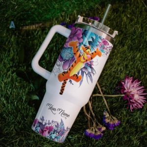 custom name just a girl loves tigger flower pattern 40oz tumbler with handle and straw lid personalized stanley tumbler dupe 40 oz stainless steel travel cups laughinks 1 5