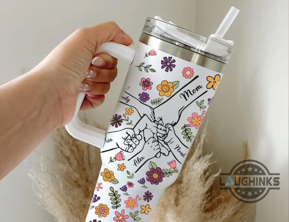 Mothers Day Stanley Cup Dupe 40 Oz Kids Holding Moms Hand Tumblers Custom Kids Names Floral Tumbler 40Oz Mother Day Gift For Mama Mum New Mom