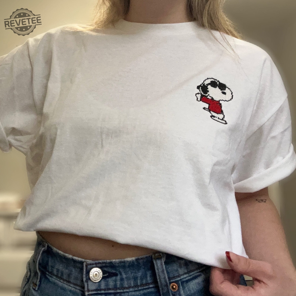 Embroidered Peanuts Snoopy Joe Cool Cross Stitch Tee Shirt Snoopy Siblings Unique revetee 1