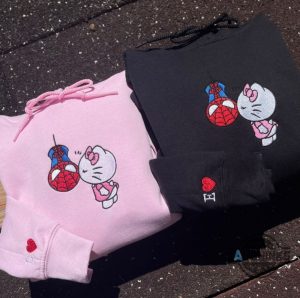 spiderman kissing upside down hello kitty embroidered sweatshirt t shirt hoodie custom sanrio hello kitty x spider man sweater laughinks 1