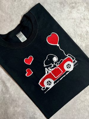 Snoopy Red Car With Hearts Inspiration T Shirt Embroidery T Shirt Unique revetee 2