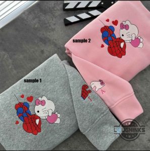 hello kitty kissing spiderman hoodie t shirt sweatshirt custom sanrio x marvel embroidered couple matching shirts trendy power couple apparel laughinks 1